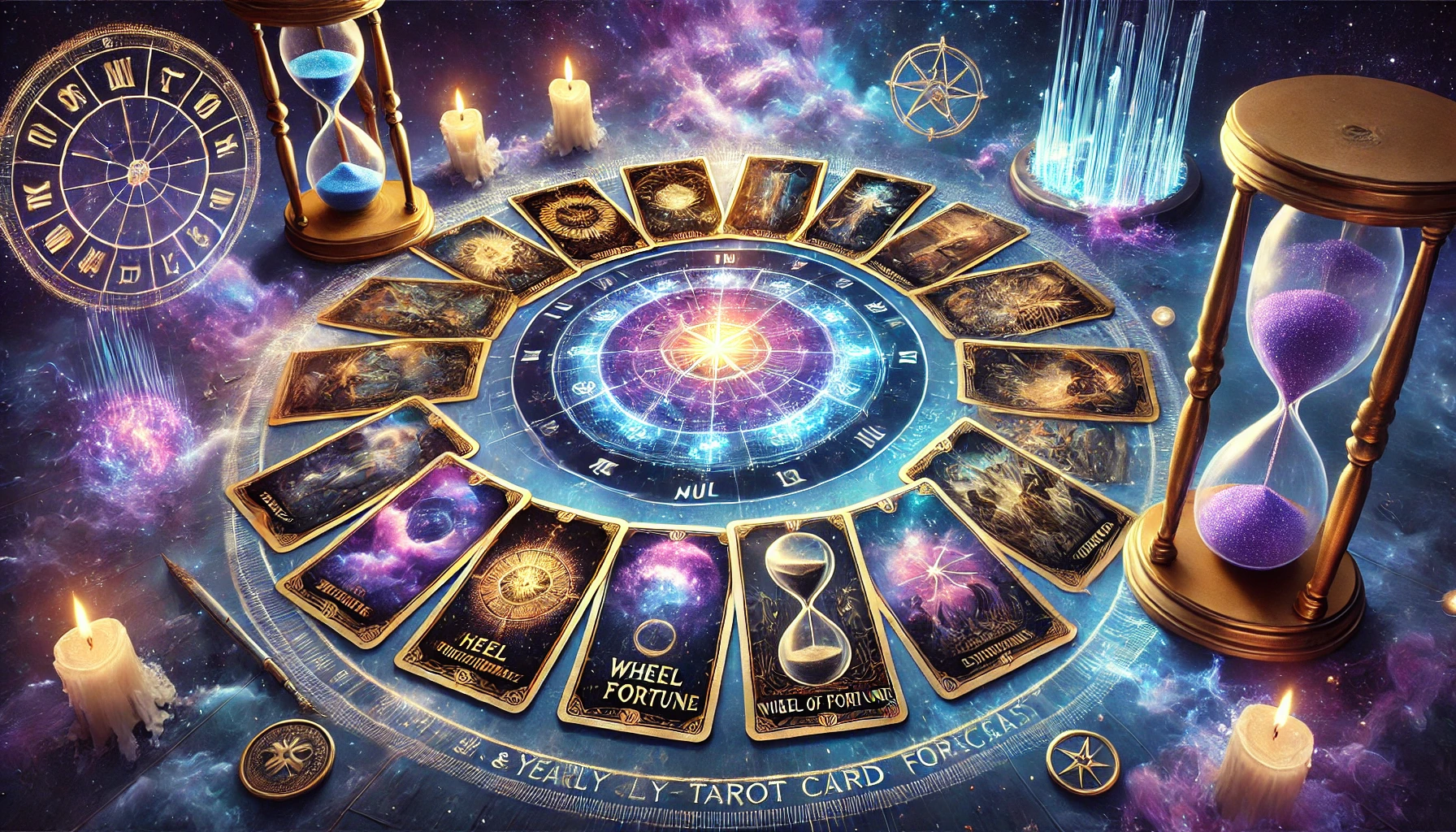 Mystical Tarot Card Reading for Monthly and Yearly Forecast – A glowing tarot deck arranged in a circular calendar format, featuring the Wheel of Fortune card, a cosmic clock with zodiac symbols, and an hourglass with stardust, representing time cycles and predictions.
